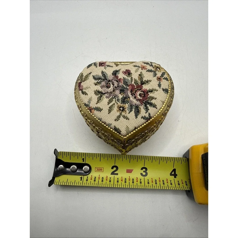 Vintage Floral Tapestry Jewelry Trinket Box Japan Brass Gold Tone Needlepoint